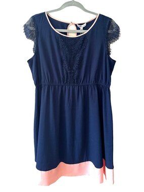 NWT MOMO Maternity blue with pink trim dress size L shower brunch church office